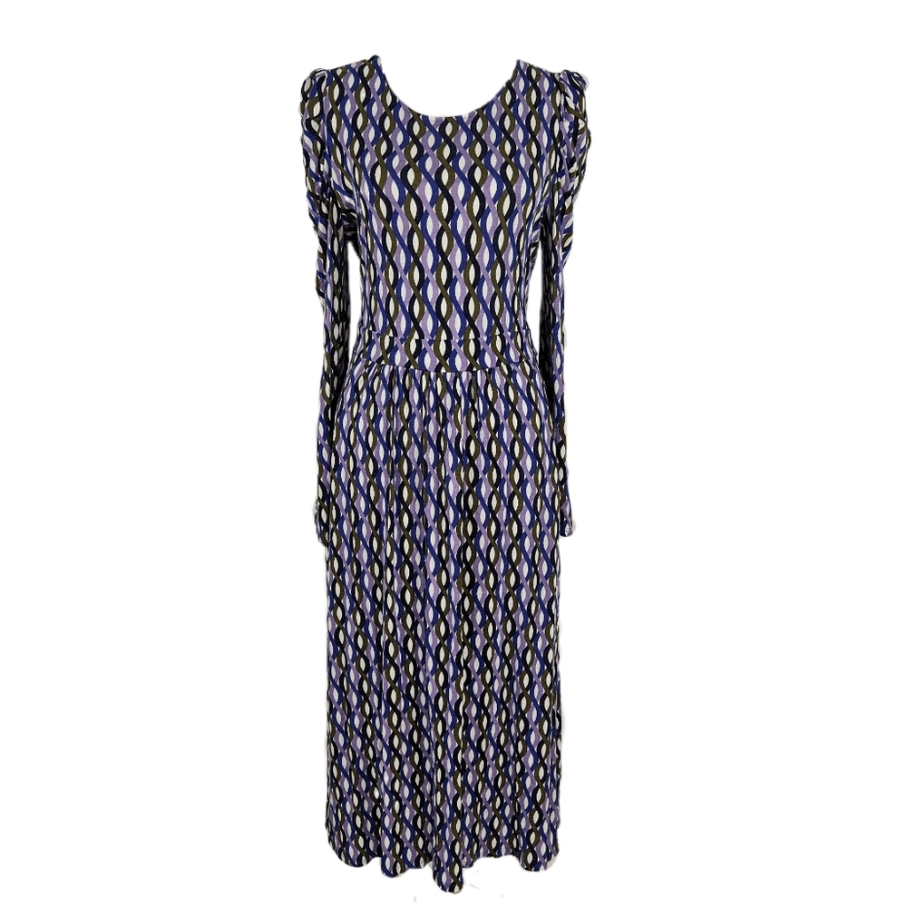 Boden Midi Dress Puff Sleeve Blouson Knit Pockets Purple Green Women 12 R Modest